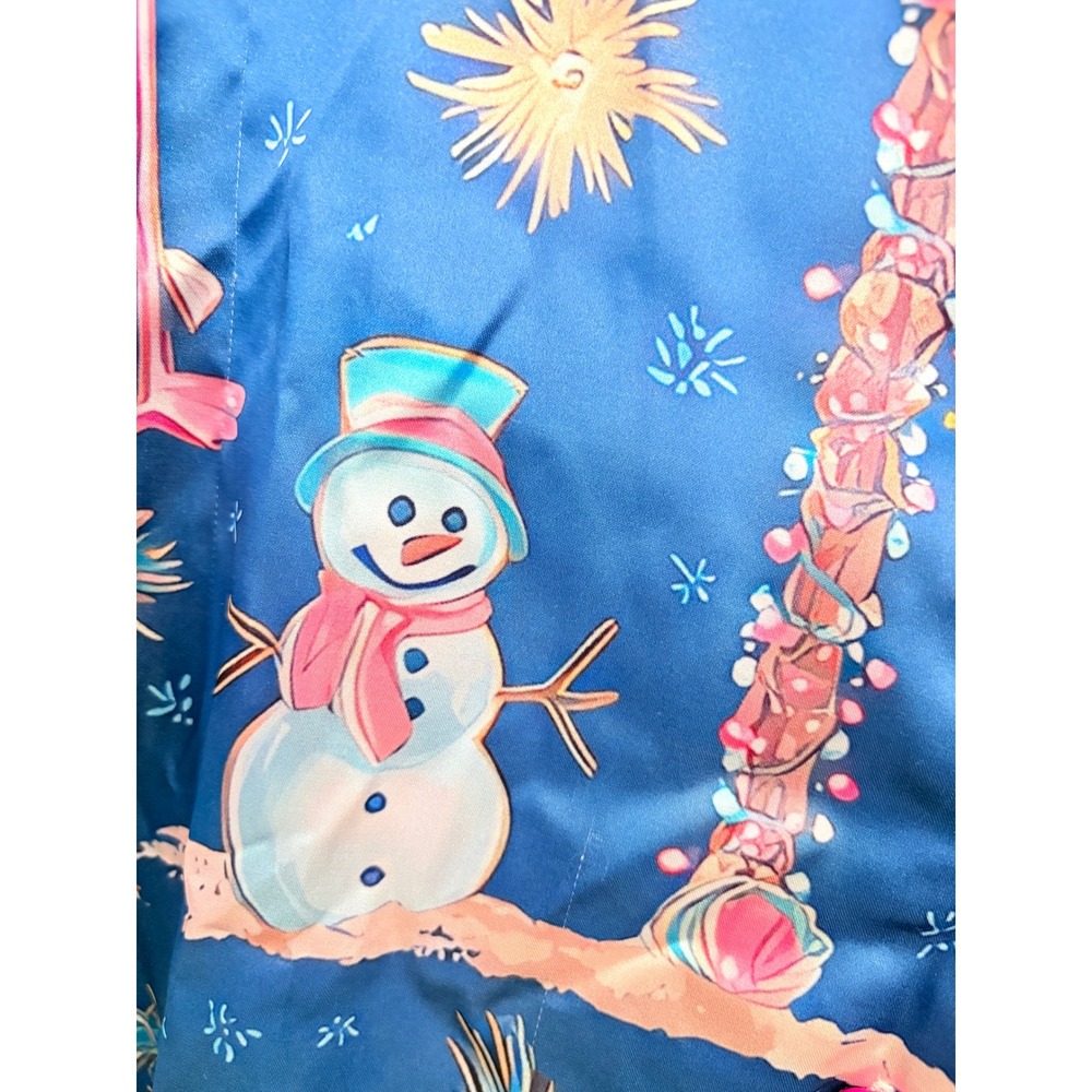 Tropical Christmas Satin Button Down Women XL Blue Flamingo Snowman Beachy - Picture 3 of 6